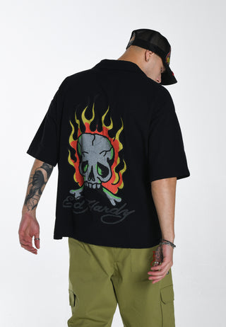 Mens Skull-Flames Camp Shirt - Black