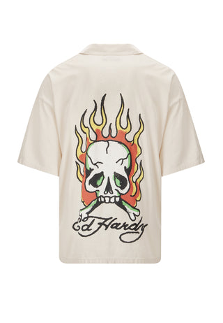 Mens Skull-Flames Camp Shirt - Ecru