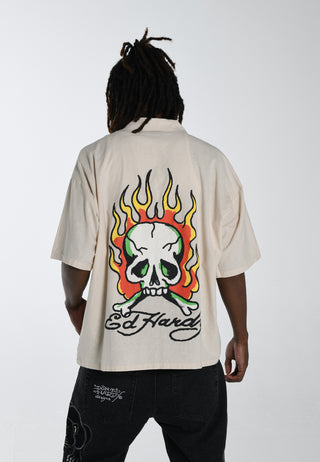 Mens Skull-Flames Camp Shirt - Ecru