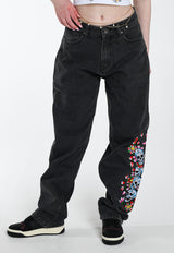 Womens Skull-Flower-Baggy Jeans - Black