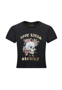 Skull-Kills-Slow Cropped Baby T-Shirt - Schwarz