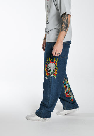 Mens Skull-Snake-Dagger Tattoo Graphic Denim Trousers Jeans - Indigo
