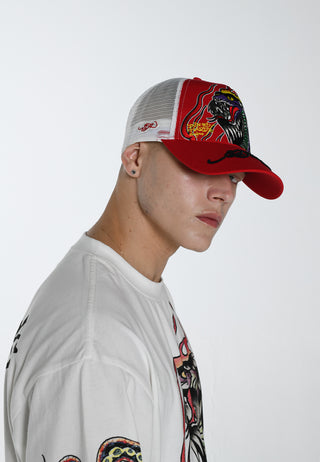 Unisex Snake-Flame Twill Front Mesh Trucker Cap - Red