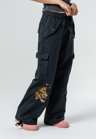 Womens Tiger Cargo Pants Trousers - Black