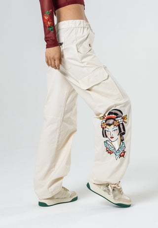 Womens Tokyo Geisha Cargo Pants Trousers - Ecru