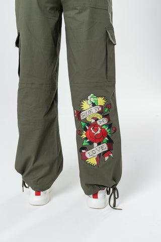 Womens True To My Love Cargo Pants Trousers - Olive