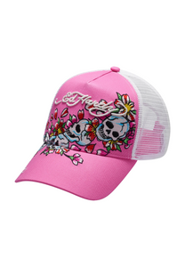 Unisex Skull-Blossom Twill Front Mesh Trucker Cap - Pink